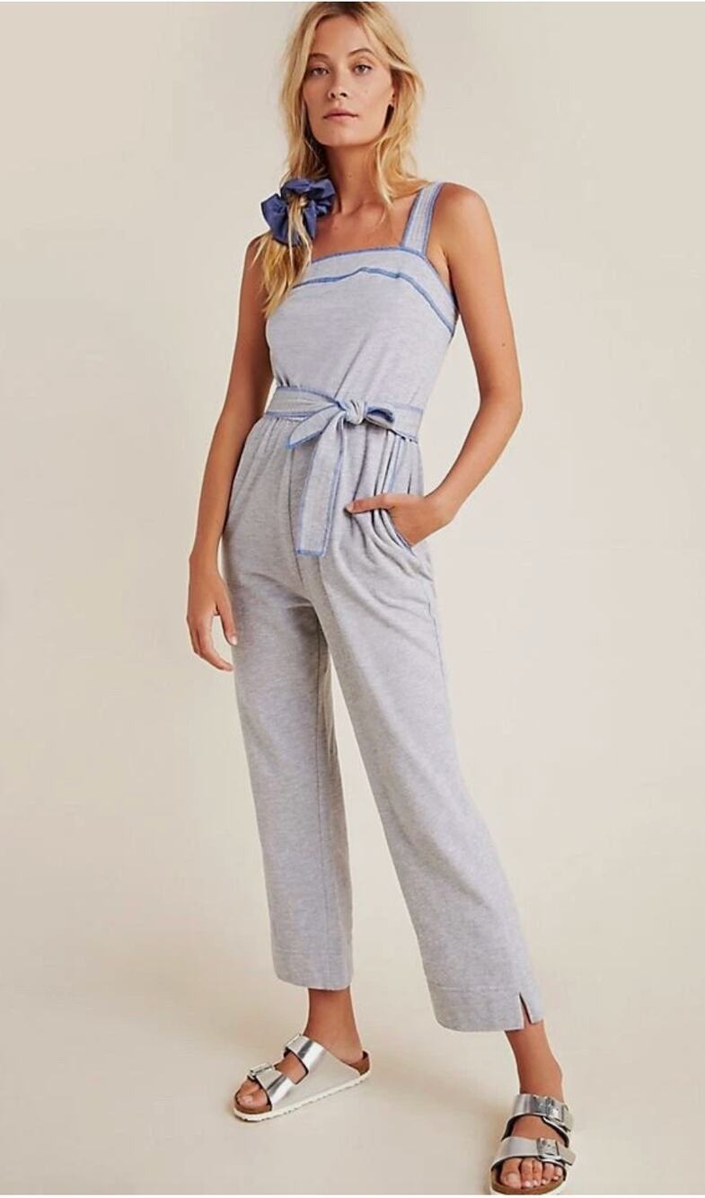 Anthropologie Saturday/Sunday Madeline Jumpsuit Grey Terrycloth Blue Piping S